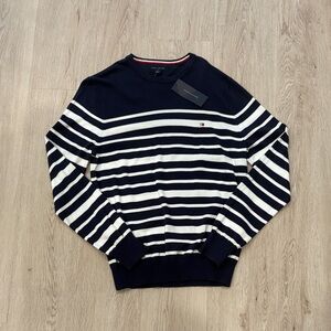 Tommy Hilfiger Men’s Navy and White Striped Crewneck Knit Sweater